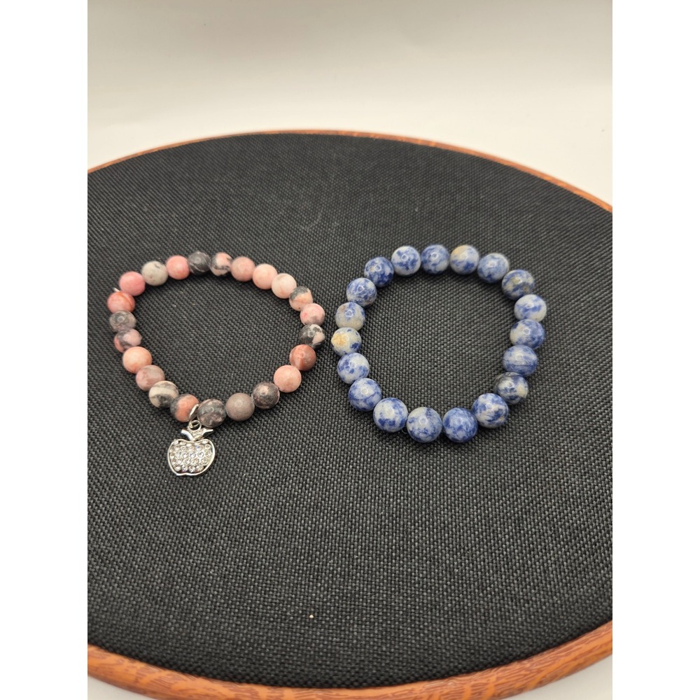 Natural Stone Beaded Stretch Bracelet Set Blue Sodalite Pink Rhodonite Apple